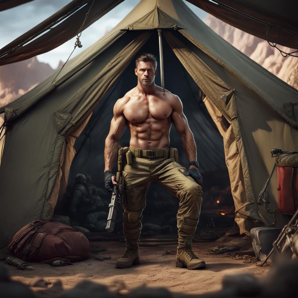 Shirtless Military Man in Tent: Detailed Matte Painting