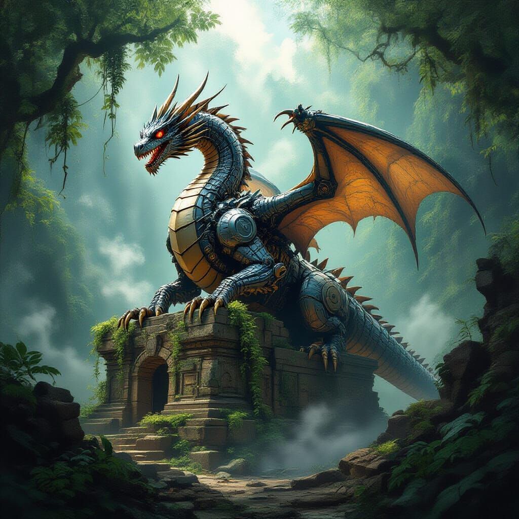 Mechanical Dragon on Ancient Ruin