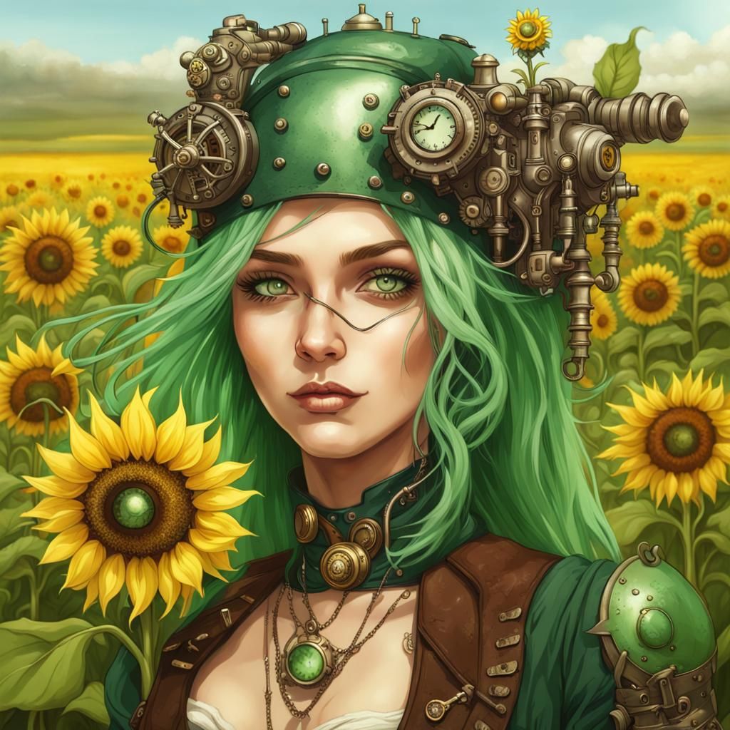 Elf in Sunflower Field with Steampunk Engine