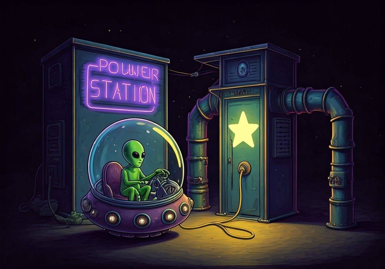 Alien Refuels Spaceship at Neon Power Station