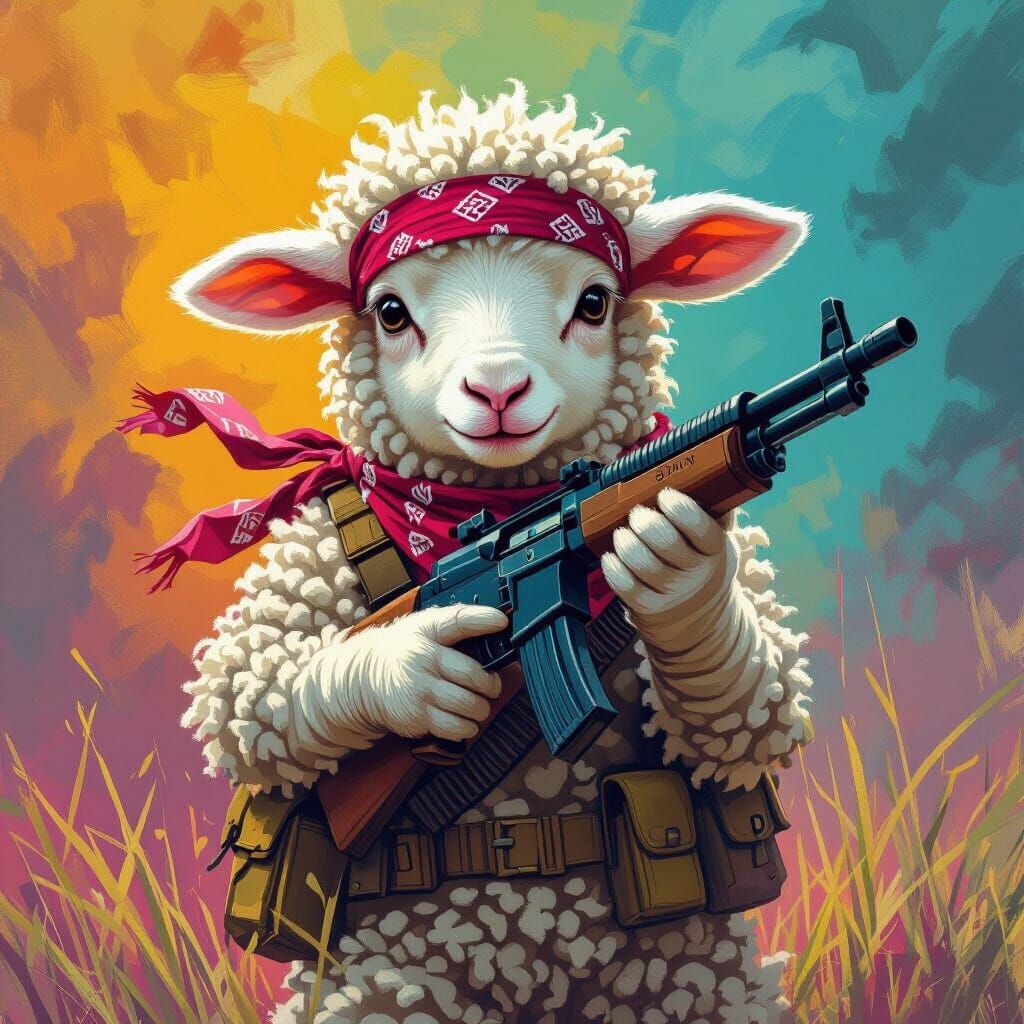 Nervous Lamb Rambo in Hyperrealistic Splash Art Style
