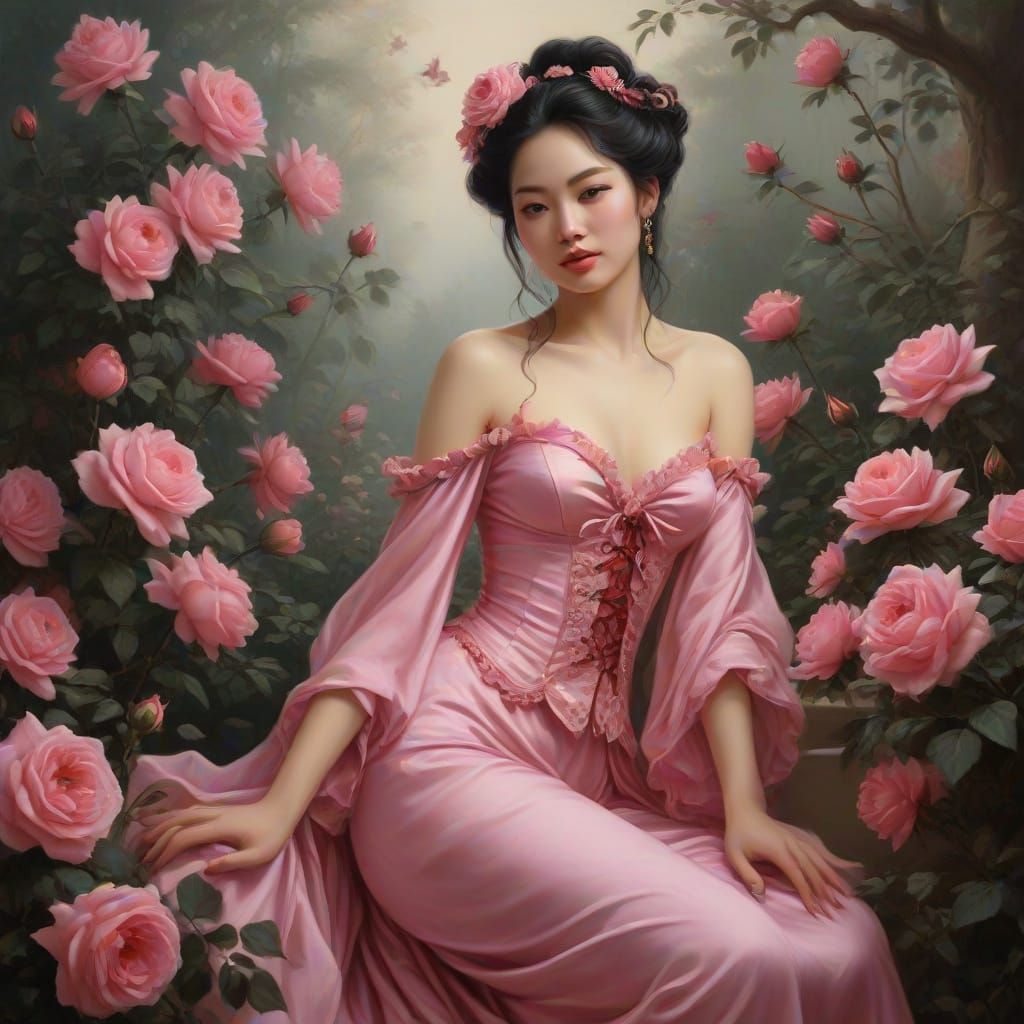 Rococo Painting: Asian Fairy Among Roses
