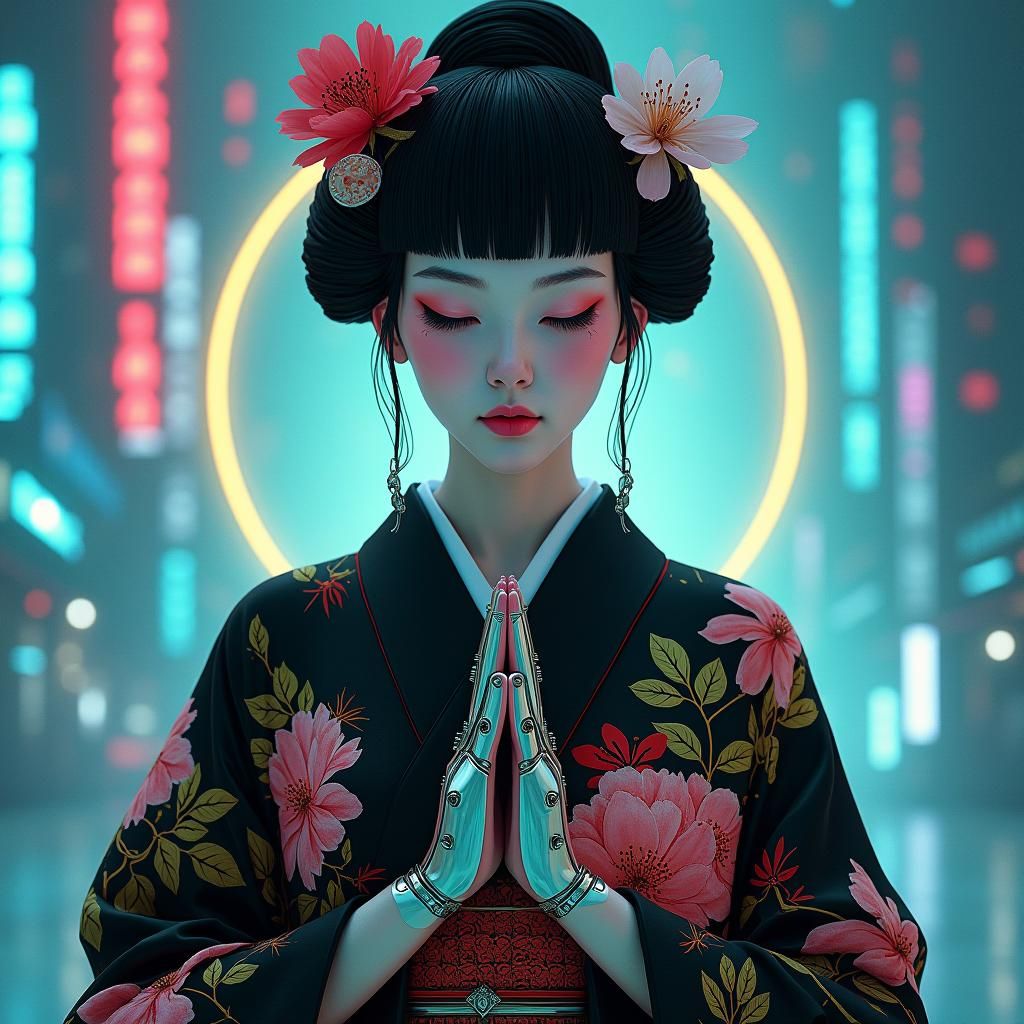 Cybernetic Geisha in Prayer, Cyberpunk Style