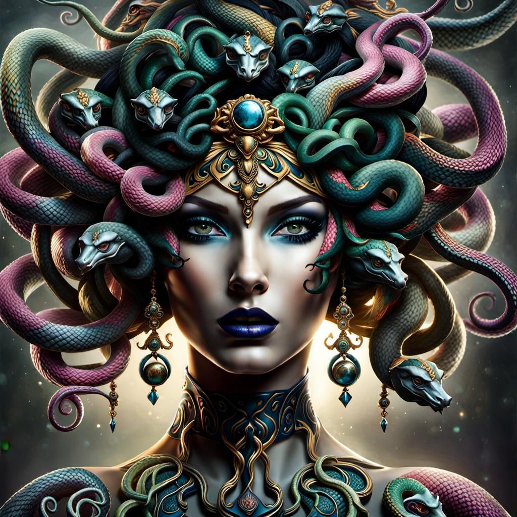 Medusa Portrait in Hyperrealistic 3D with Vibrant Colors