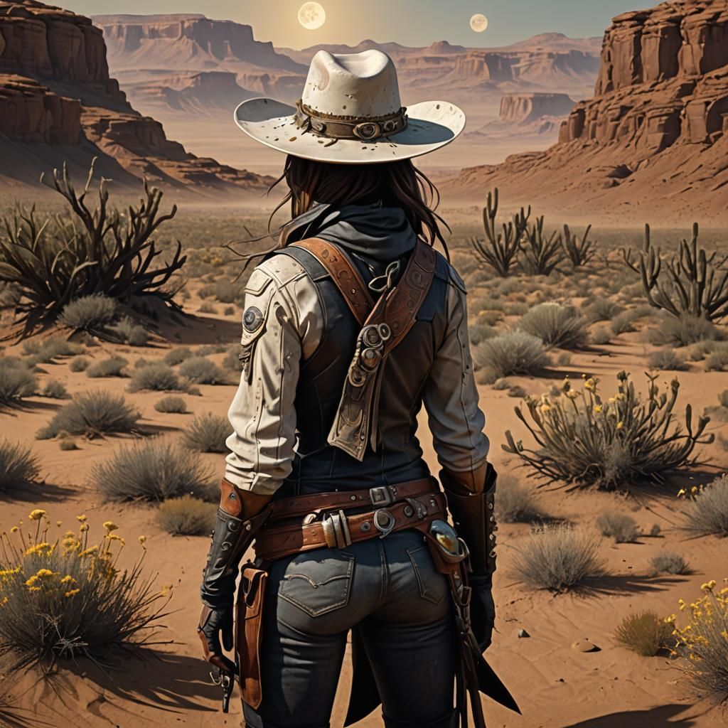 Female Gunslinger on Barren Planet, Dark Fantasy Art