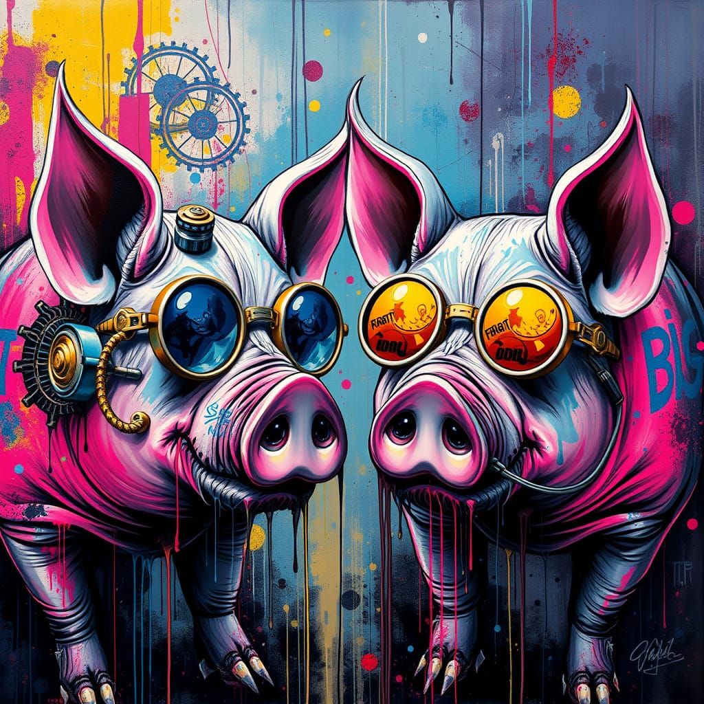 Steampunk Pigs in Colorful Graffiti Art