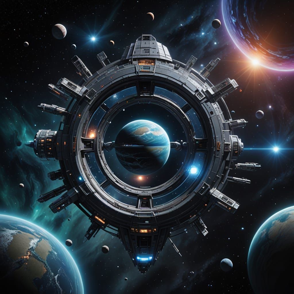 Intergalactic Space Station Orbiting a Gas Giant: Digital Ar...