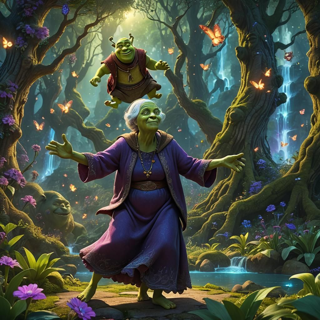 Old Woman Dancing with Ogre in Mystical Forest