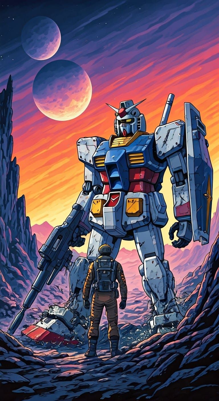 Gundam Pilot Contemplates His Beaten Machine on a Colorful A...