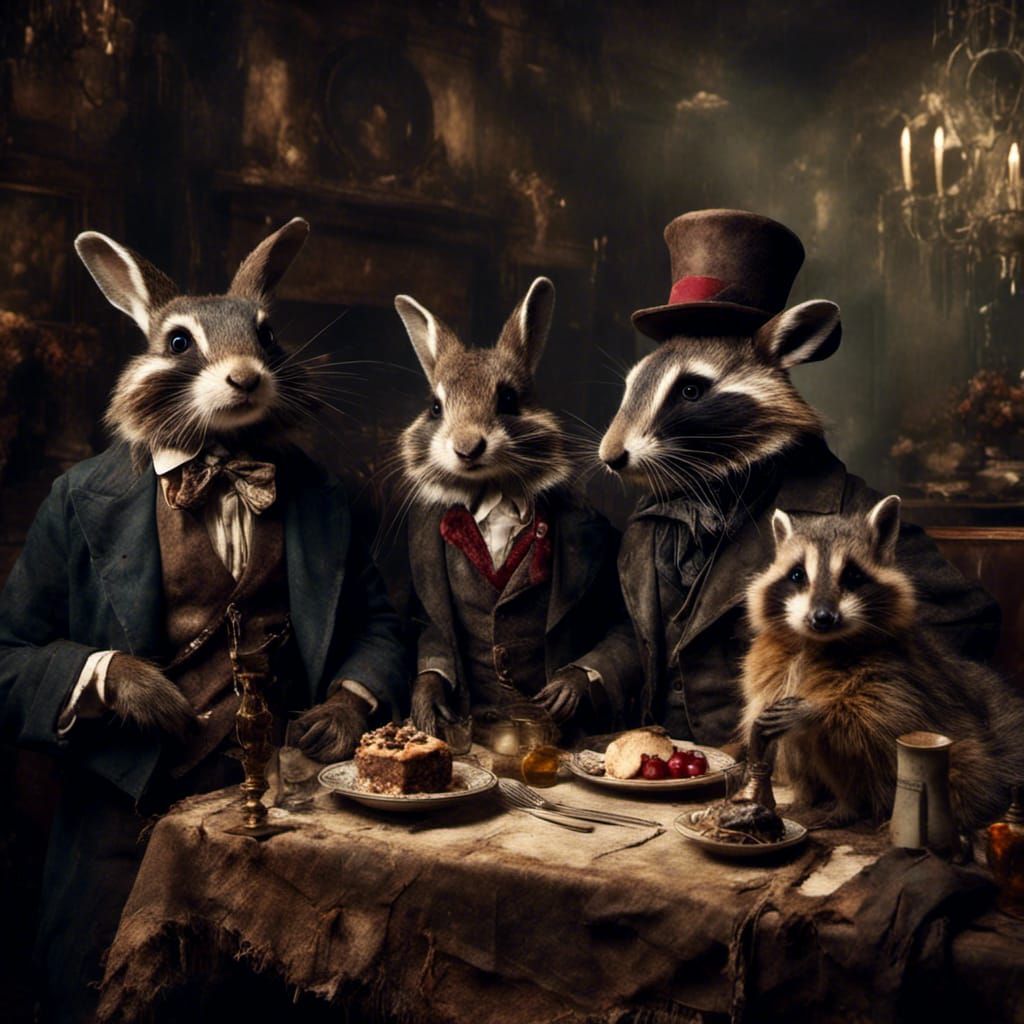 Animals at Table in Macabre Hyperreal Style