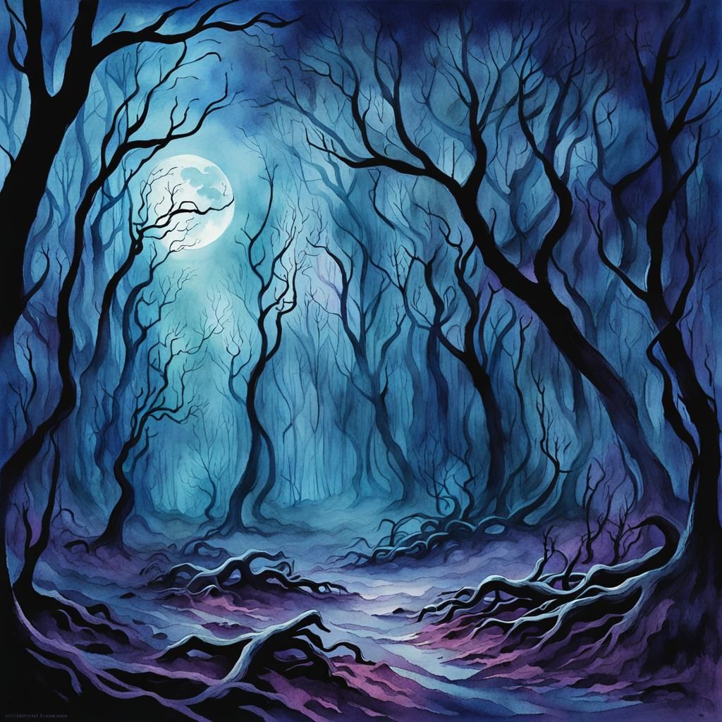 Eerie Moonlit Clearing in Haunted Forest, Watercolor