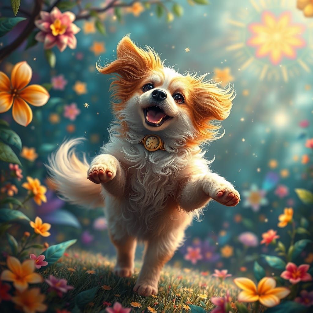 Whimsical Dog Lost in Vibrant Dance of Colors and Fantasy