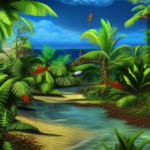 Giant Mosquito on Tropical Beach in Dieselpunk Style