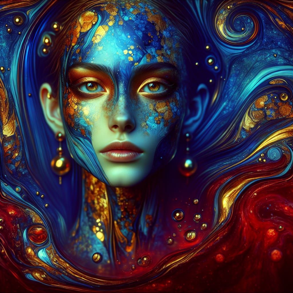 Marbled Woman Floats in Liquid, Digital Art Nouveau