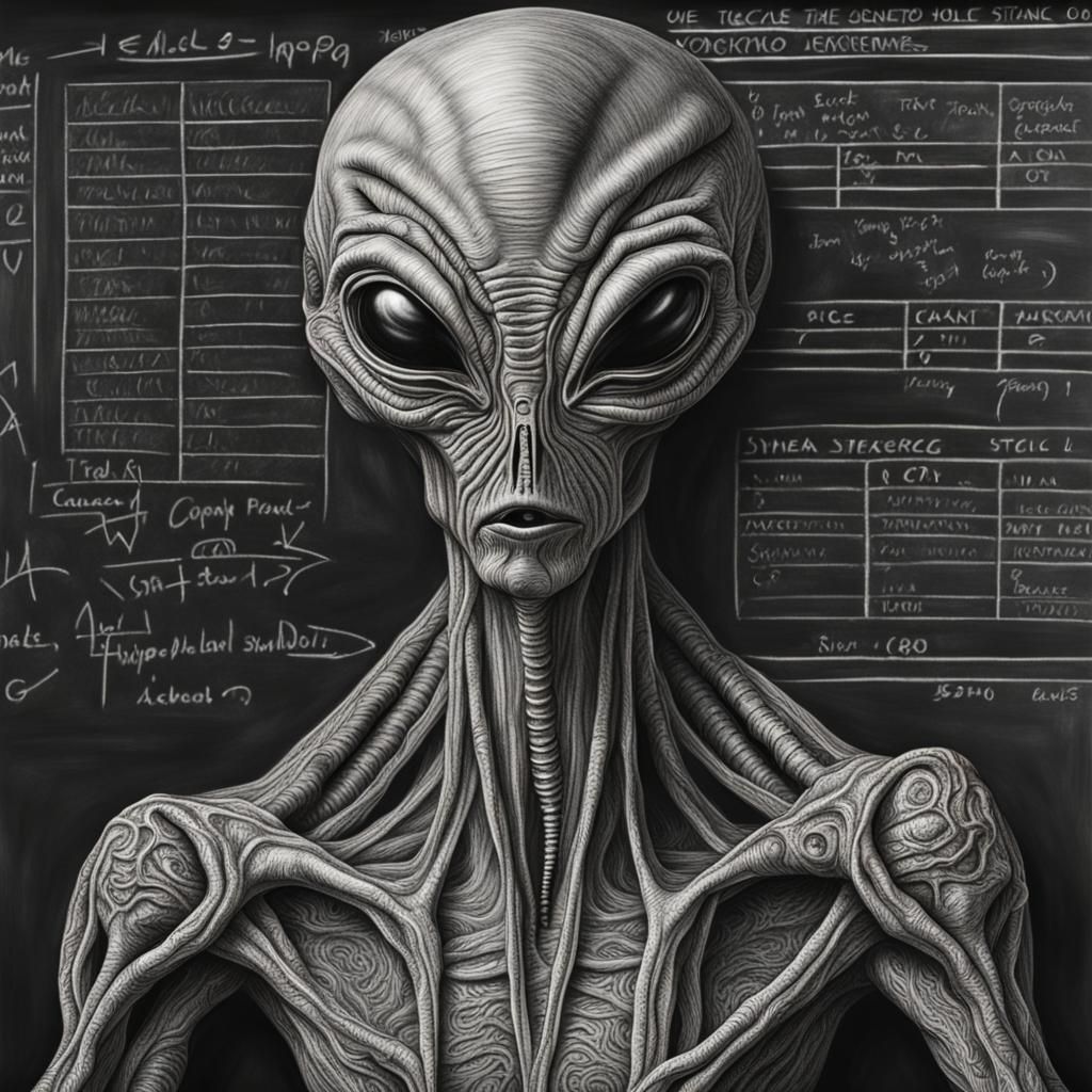 Hyperrealistic Alien Teacher Blackboard Art