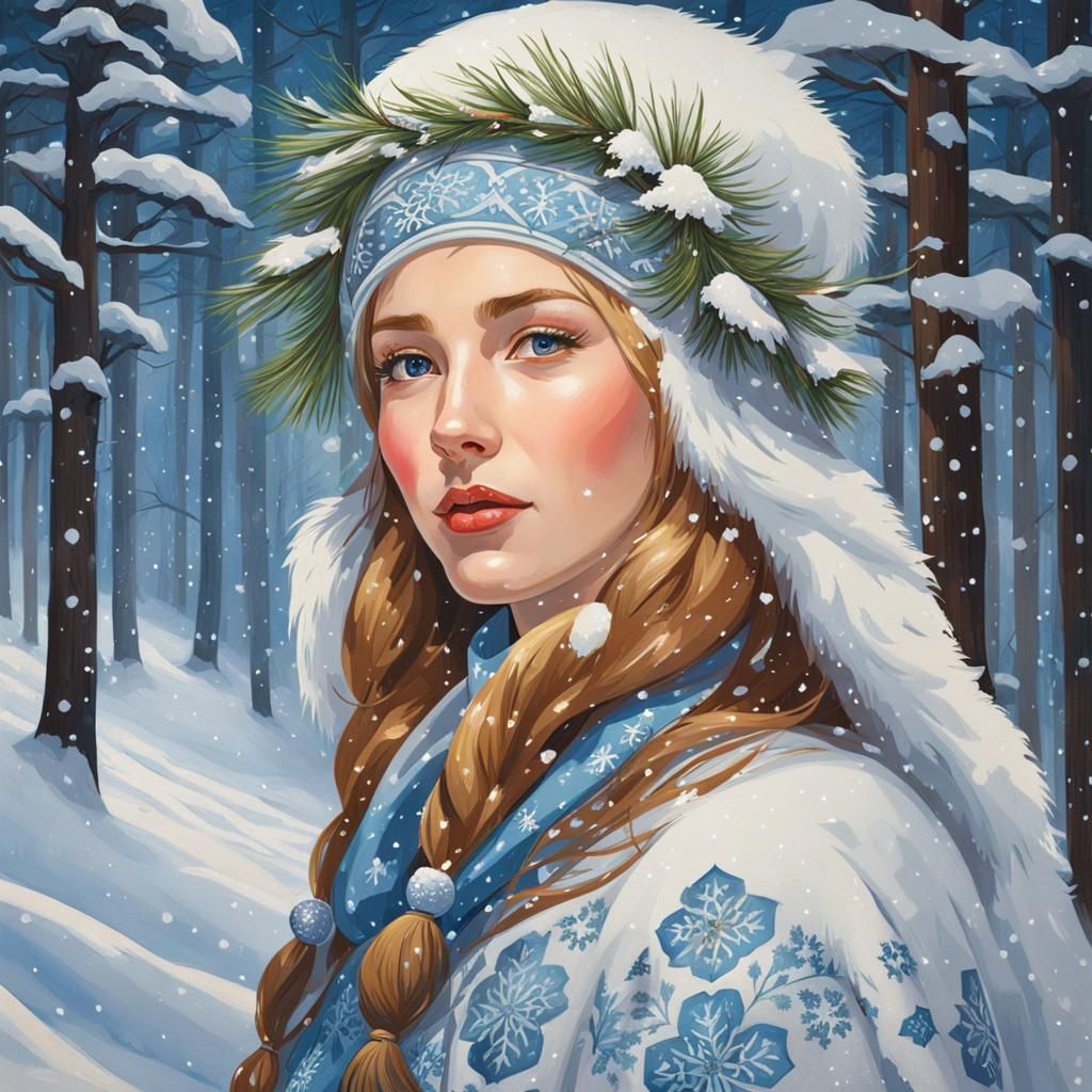 Snow Maiden in Winter Forest: Gouache Painting
