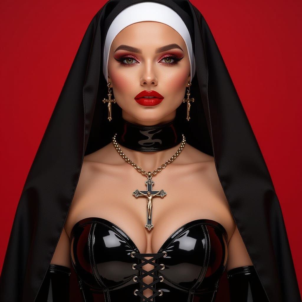 Nun in Black Latex with Dramatic Red Background