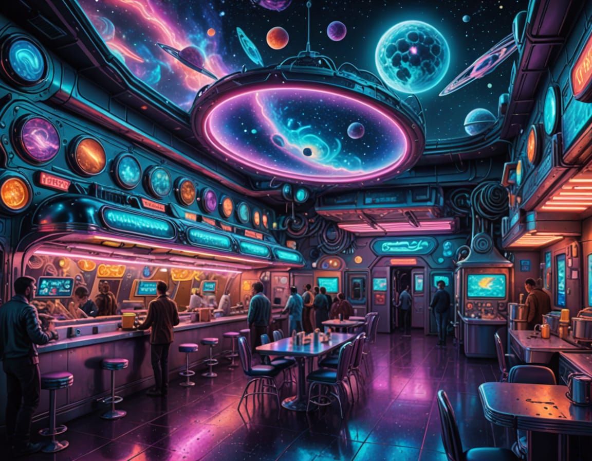 Retro-Futuristic Cosmic Diner in Space
