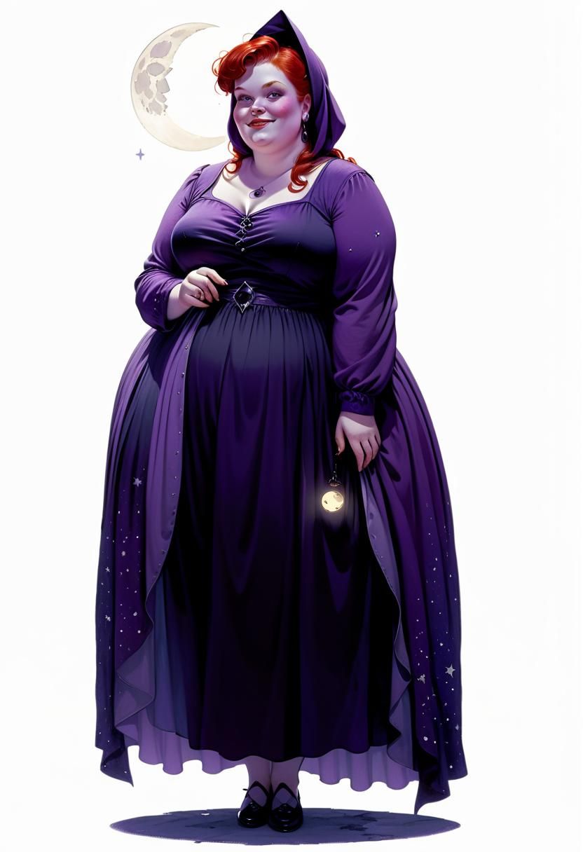 Friendly Obese Witch in Purple, Chiaroscuro Lighting