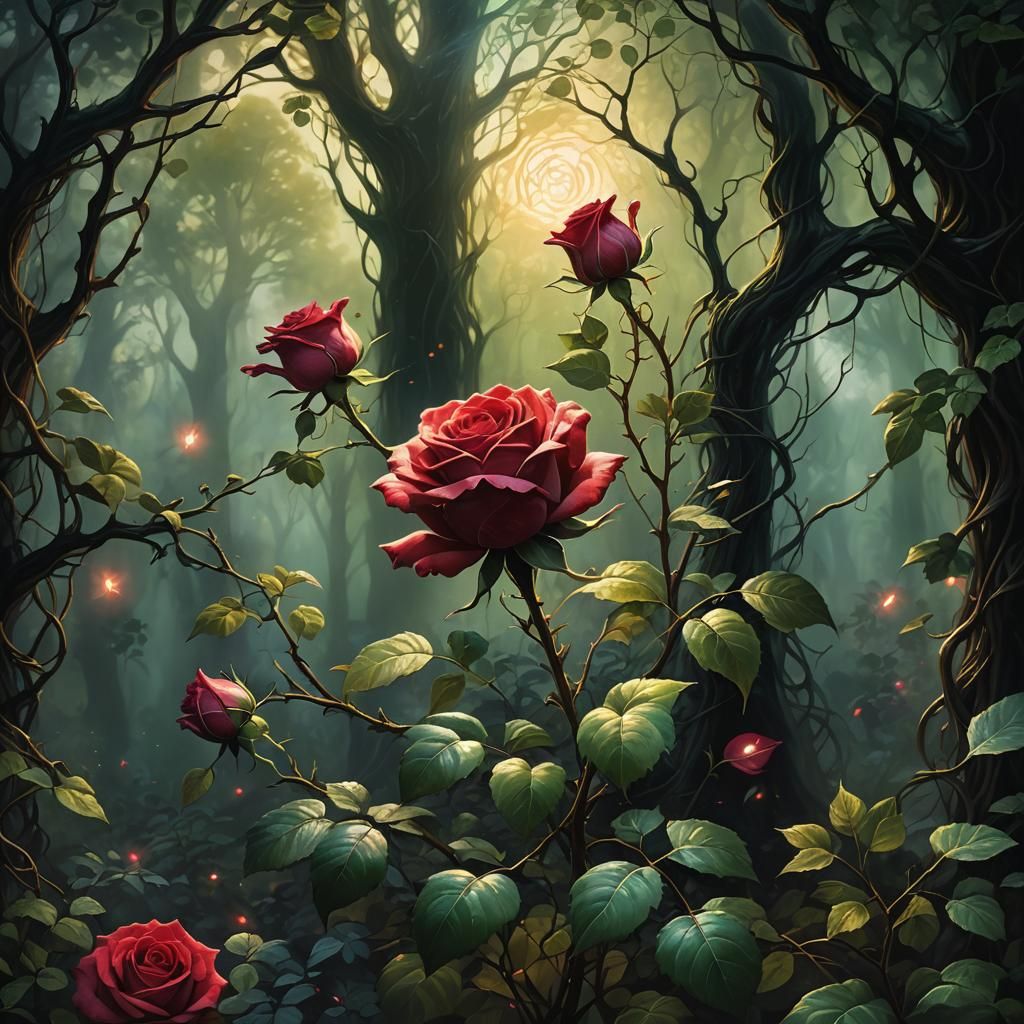 Ethereal Red Rose in Mystical Forest: Oil Painting