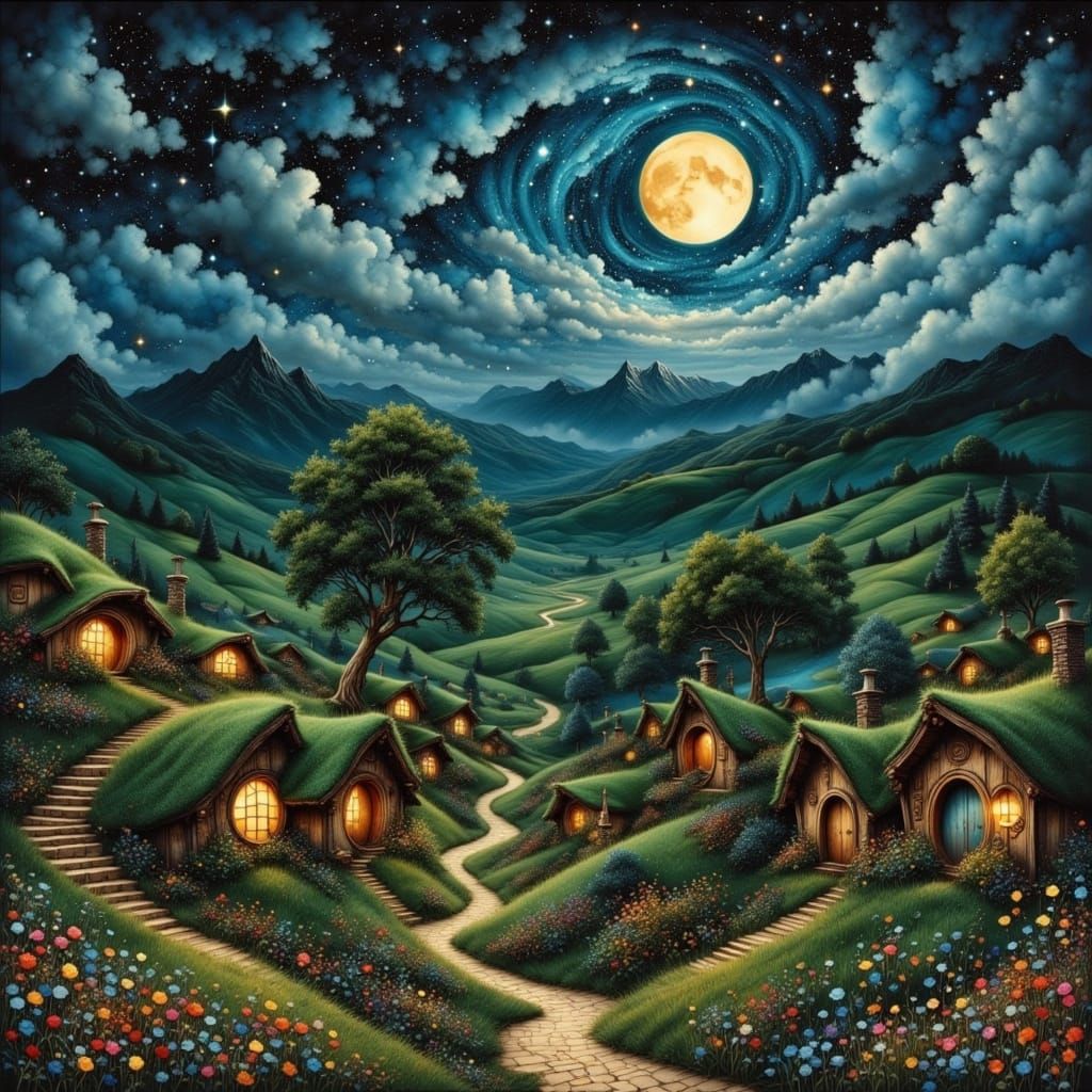 Enchanted Hobbit Village Under Indigo Blue Sky with Full Moo...