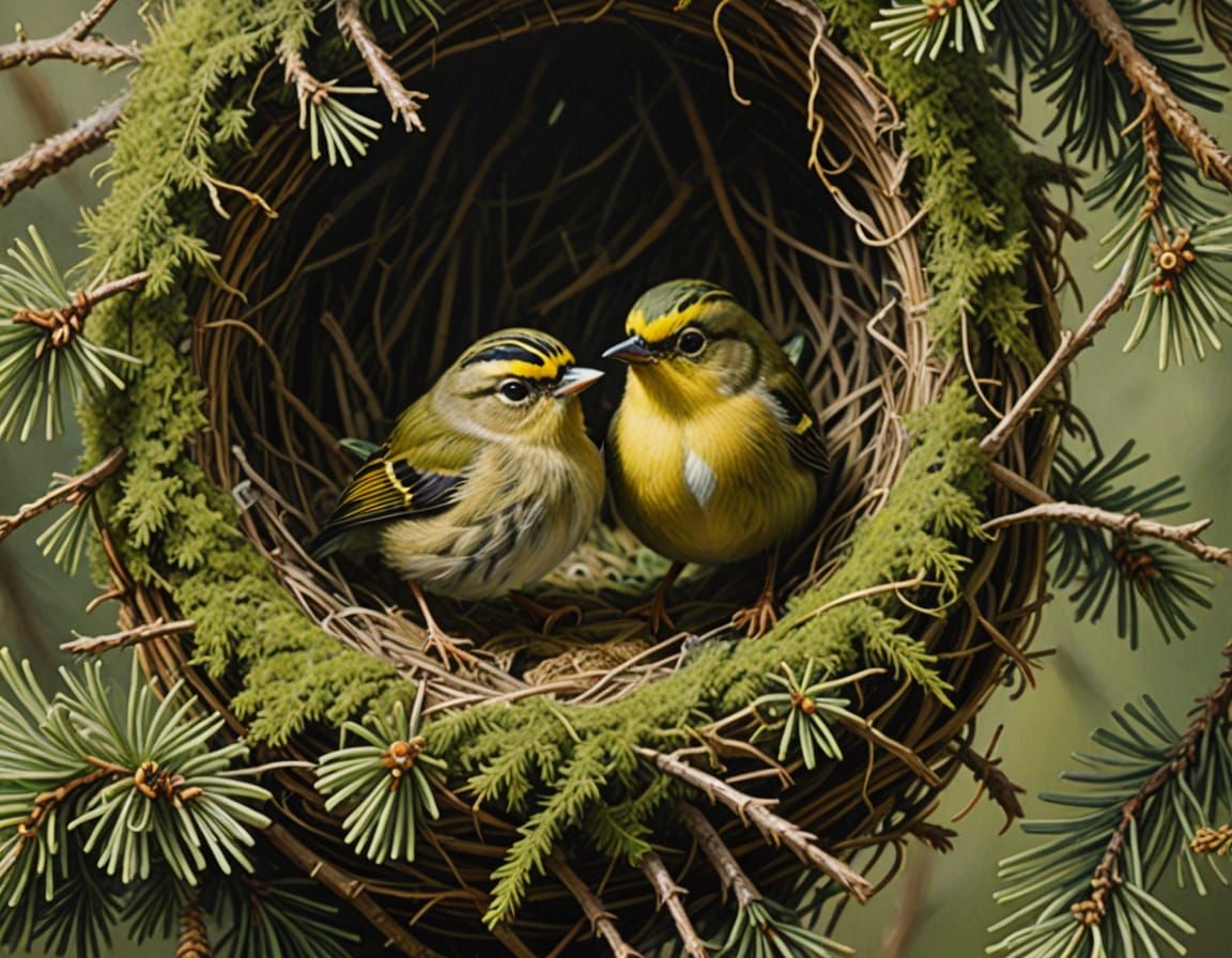 Tiny Goldcrest Bird Sits in Pine Tree Nest, Soft Mossy Green...