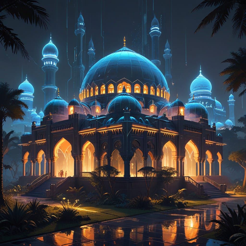 Futuristic Chrome Taj Mahal with Bioluminescent Gardens