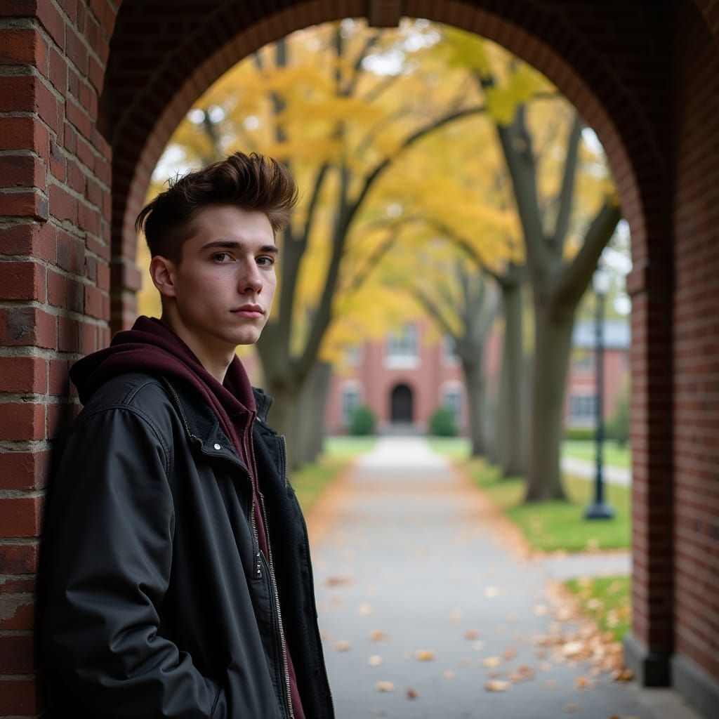 Hyper Realistic Photo of Punk-Haired Man in Autumn College S...