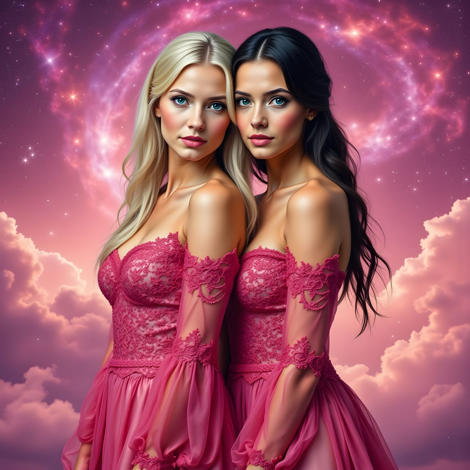Two Women in Pink Dresses with Pink Galaxy Background