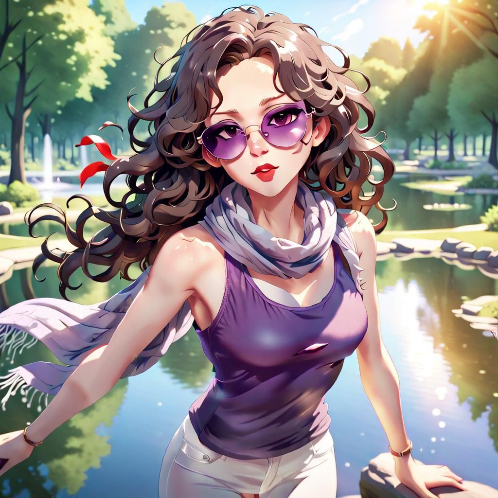 Anime Woman Soaring Over Park in Dramatic Key Visual