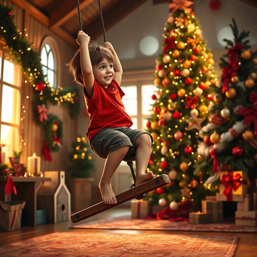Boy Swings on Seesaw in Festive Christmas Scene, Hyperrealis...