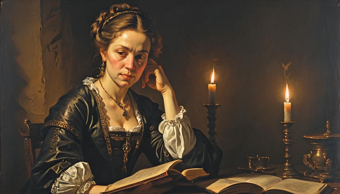 Woman in Contemplation, Surrounded by Shadows and Warm Golde...