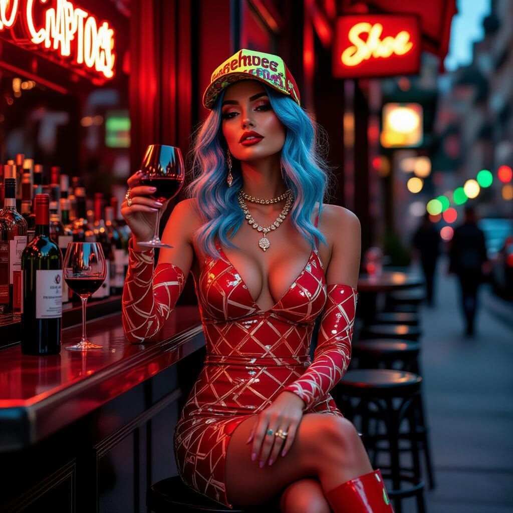 Woman with Wine in Vibrant Photorealistic Style