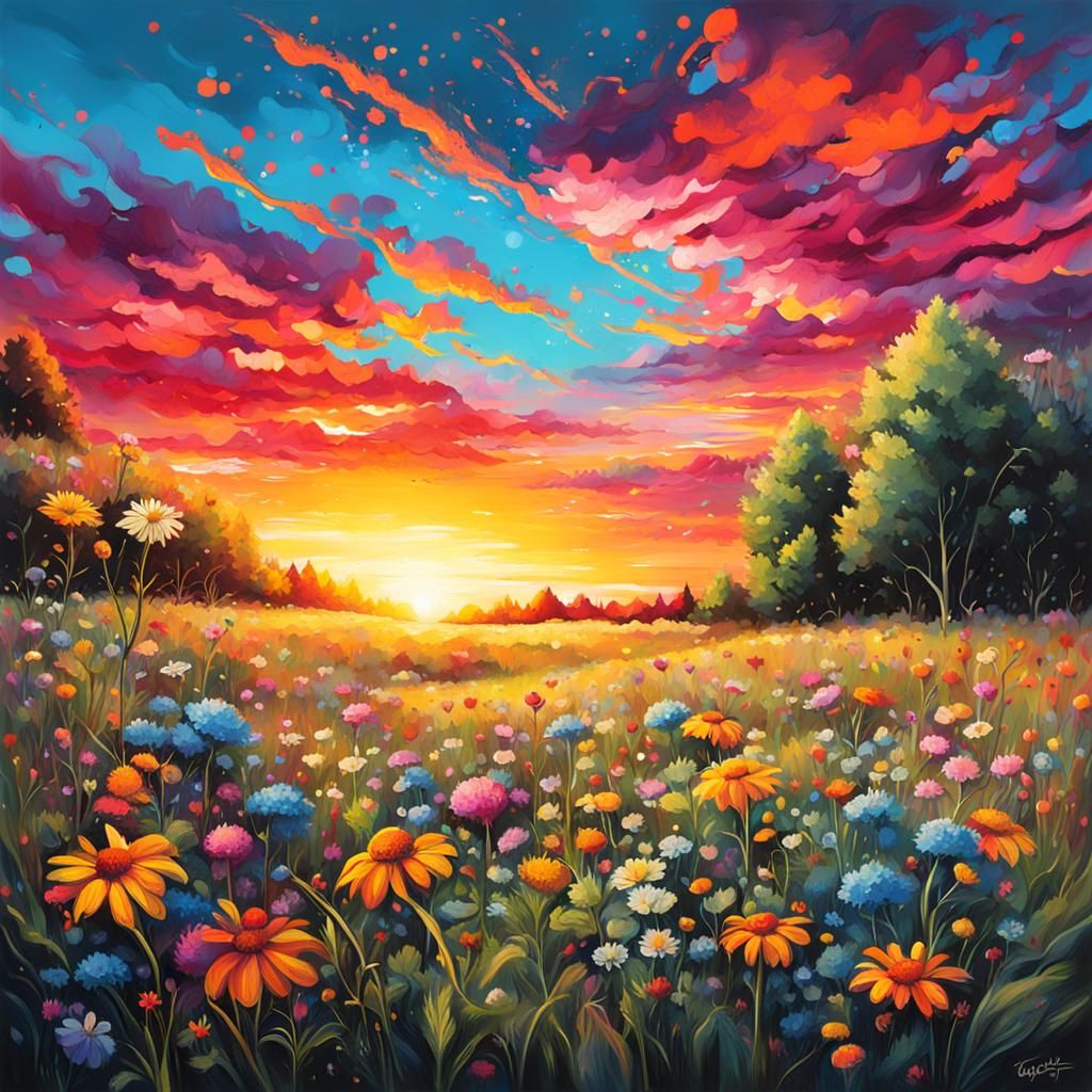 Wildflower Meadow Sunset in Graffiti Art Style