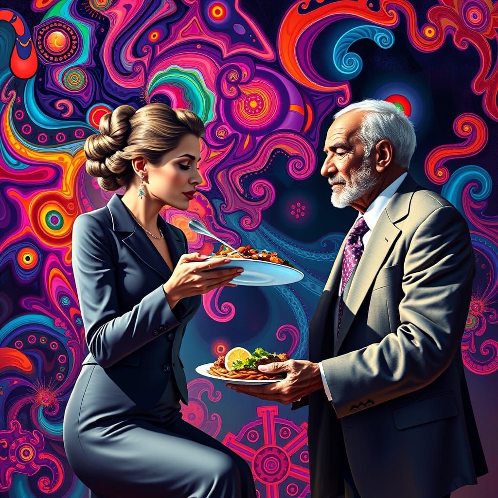 Elegant Woman Shares Food with Homeless Man in Surreal Color...