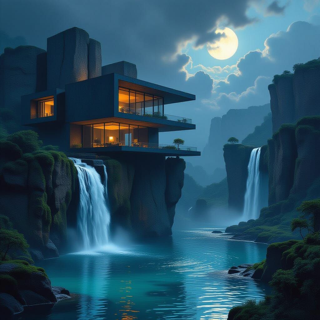 Impossible Cliffside House in Beksiński Style