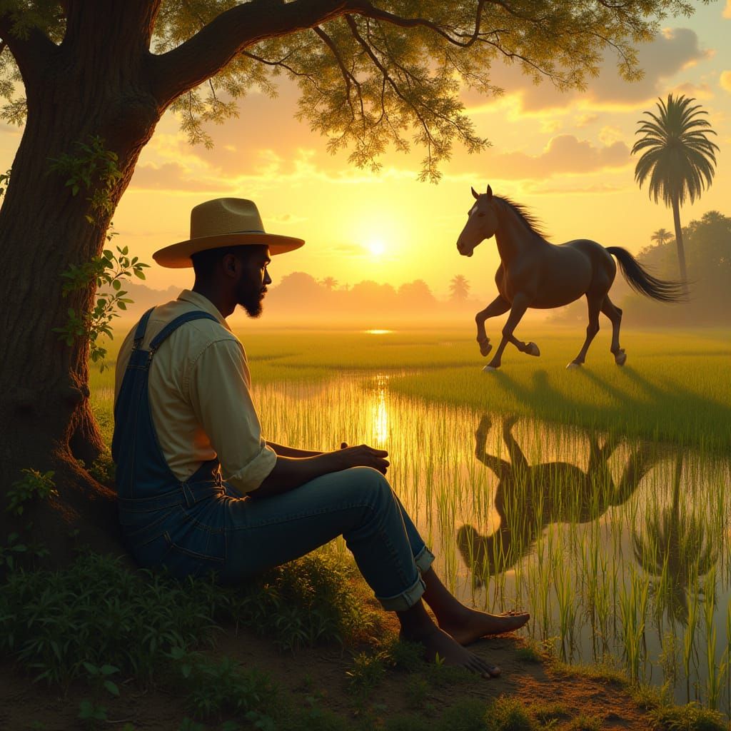 Romantic Realism: African Man in Rice Field at Sunset