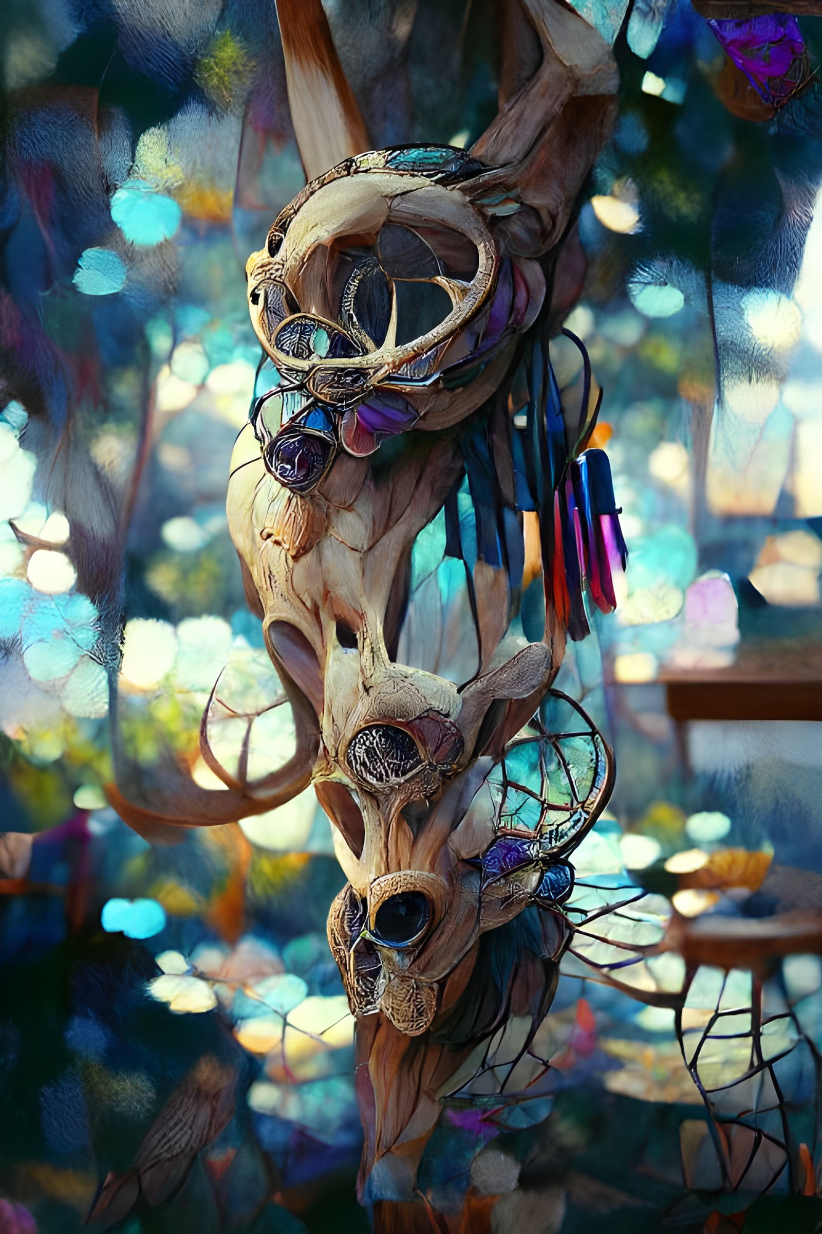 Twilight Driftwood Art with Dreamcatchers, Maximalist Style