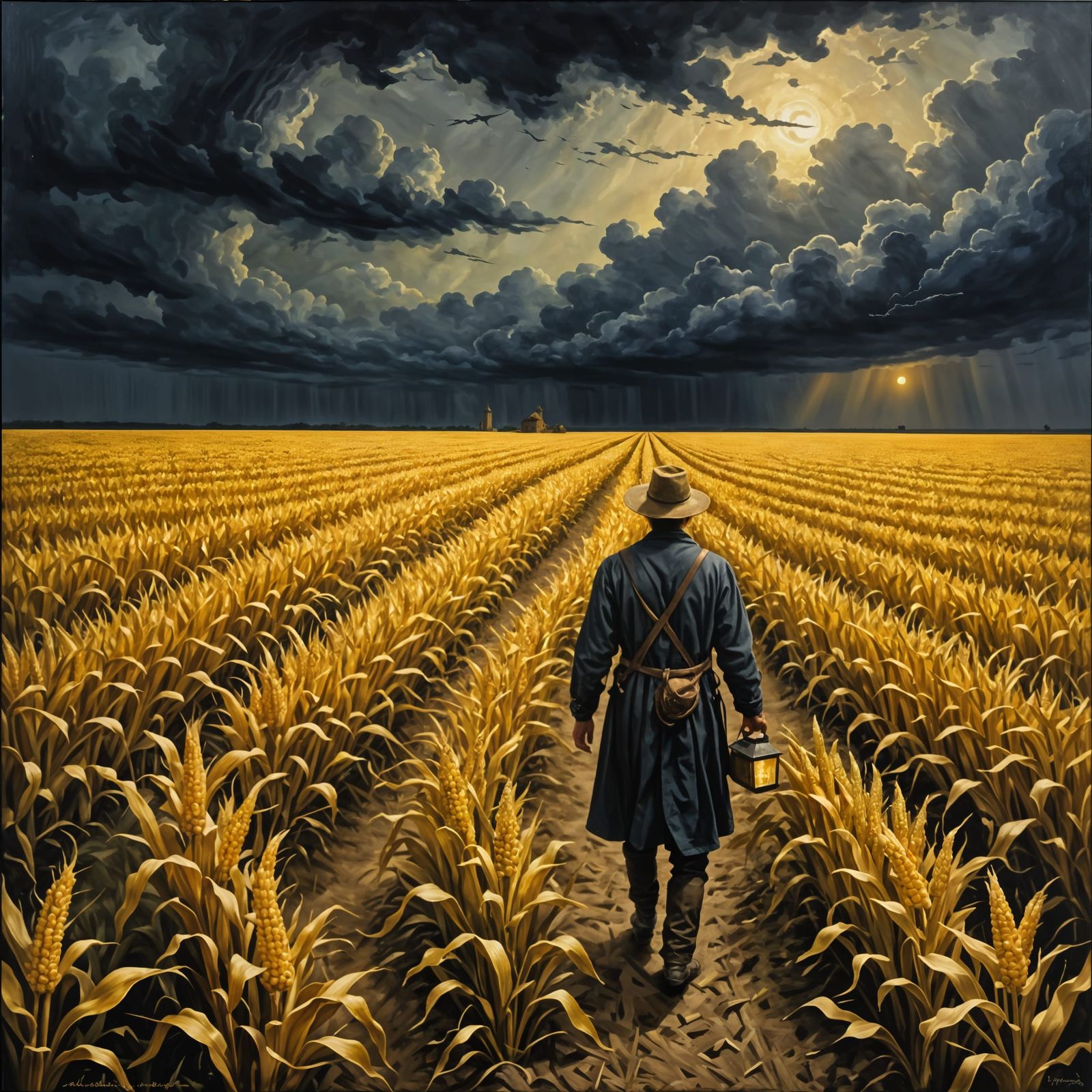 Romantic Era Painting of Cornfield at Night