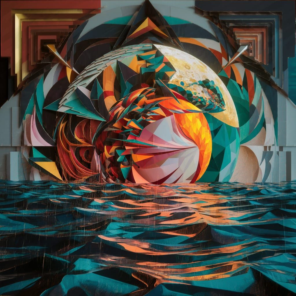 Geometric Moon and Sea in Neo-Cubist Style