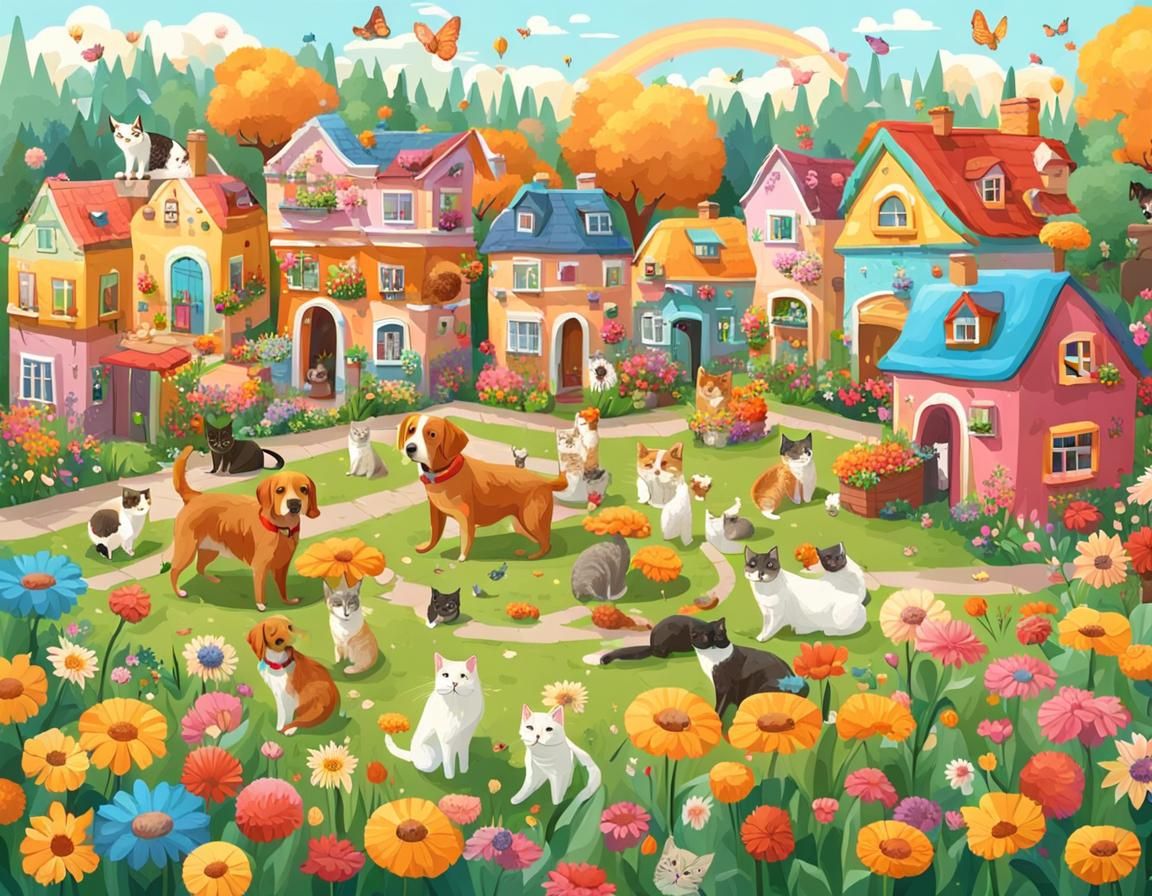 Harmonious Flower City Utopia with Animals