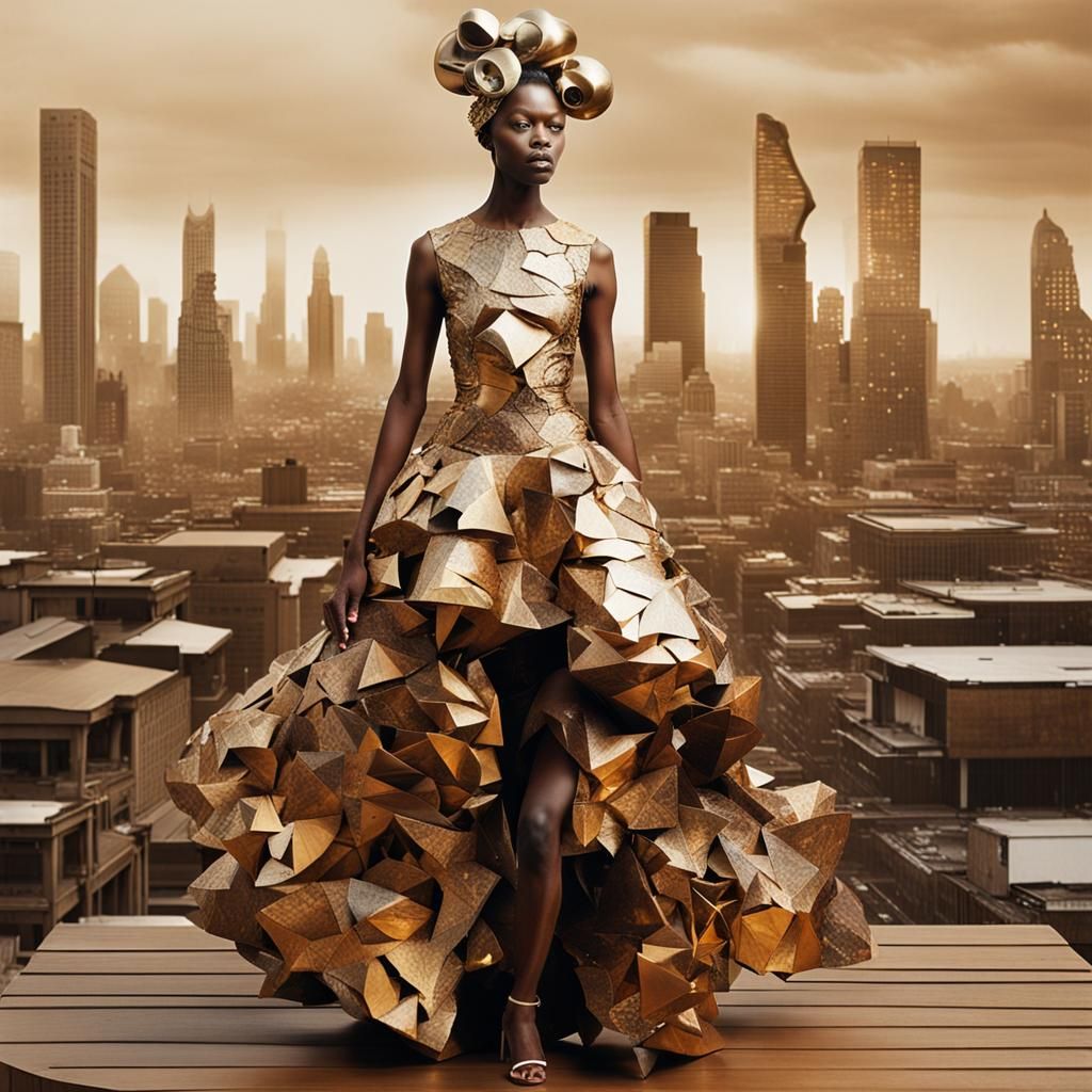 Surreal Golden Goddess in Maximalist Cityscape