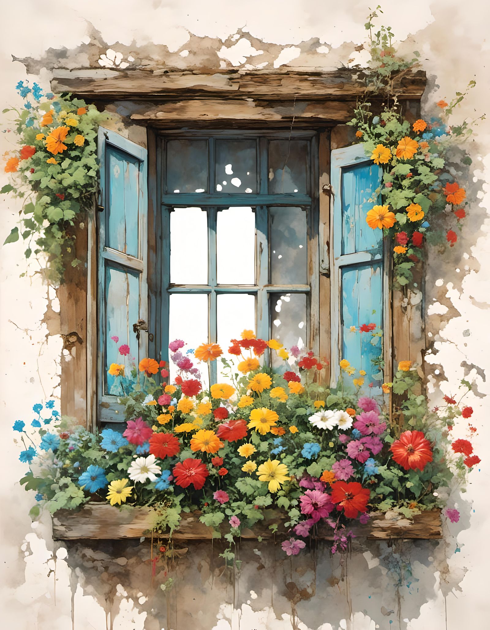 Graffiti Flowers Surround Old Wooden Window