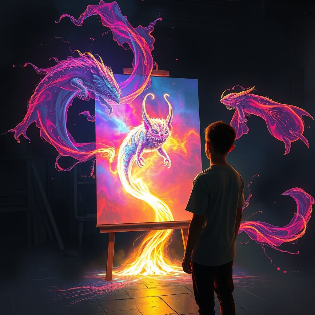Magical Painter Creates Living Light Creatures in Studio