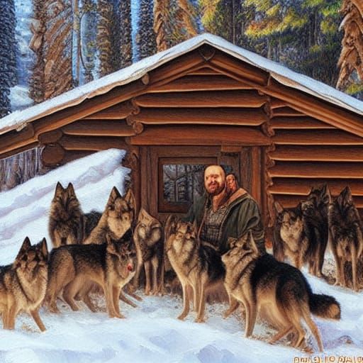 Giant Cabin Surrounded by Wolves, Oil Painting