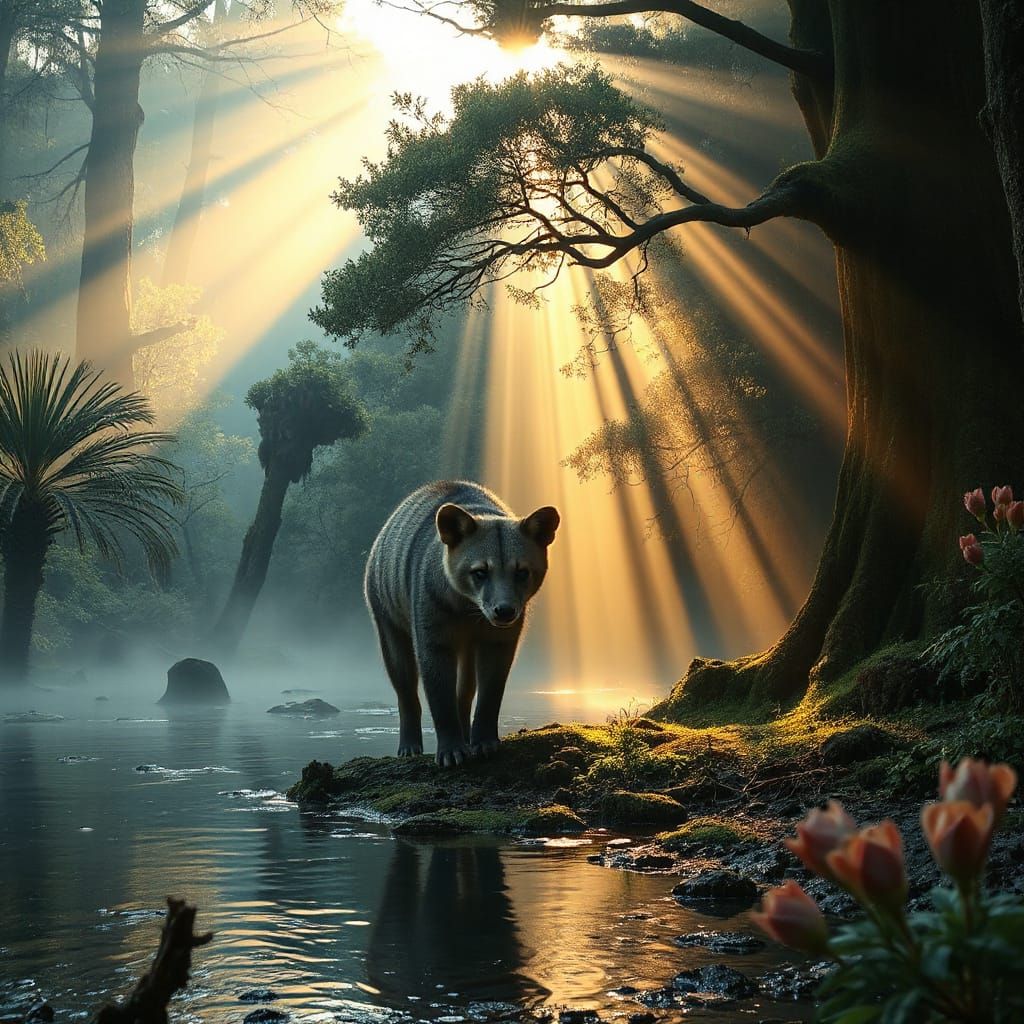 Thylacine in Tasmanian Rainforest with Golden Light