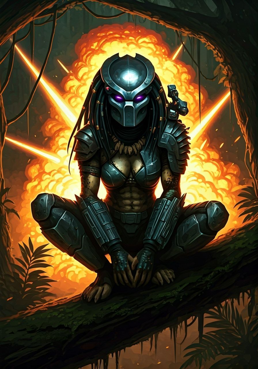 Cyberpunk Predator Woman in Jungle, Digital Painting