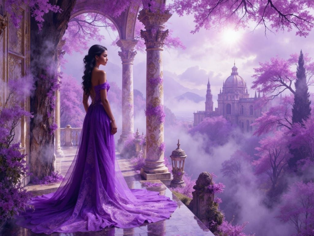 Elegant Ethiopian Woman in Violet Baroque Villa