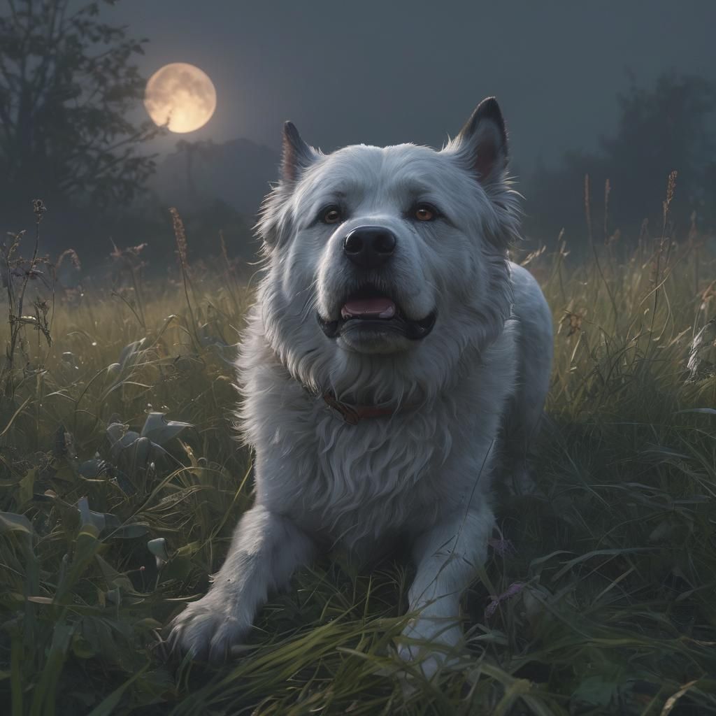 Ghost Dog Rolls in Foggy Grass: Dark Fantasy Art