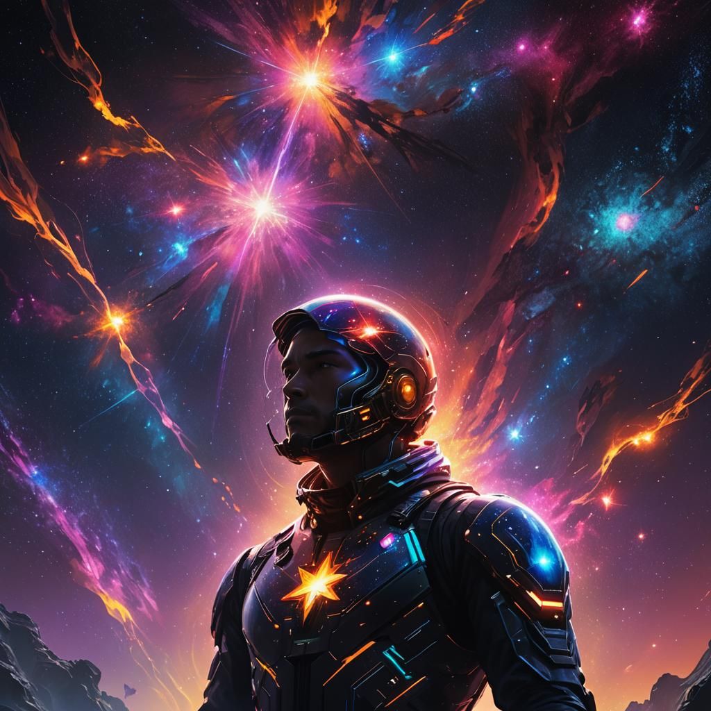 Cosmic Figure Gazing at Glowing Star in Neon Galaxy